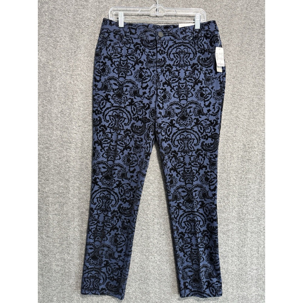 Christopher & Banks Floral Pants Womens 6 Blue Tapered Leg Ponte Knit Hippie NWT